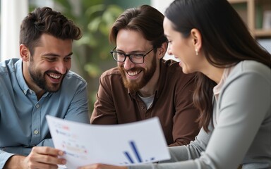 Casual meeting of smiling diverse business team analyzing financial data. High quality
