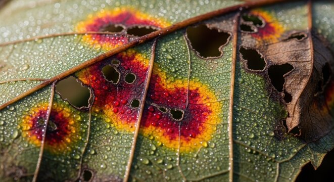 Close-up macro of a damaged leaf with bright red and yellow spots and dew drops. - Powered by Adobe