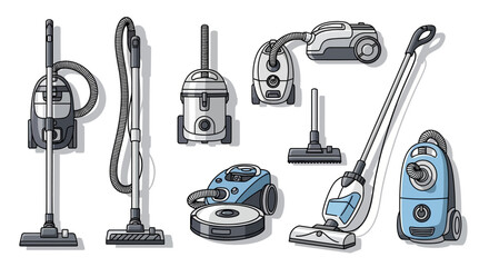A comprehensive collection of household vacuum cleaners, from upright to robotic, to whisk away dust and debris. Vector illustration set