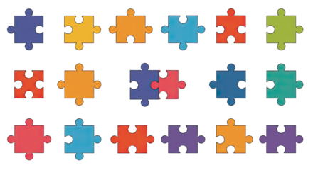 Colorful puzzle pieces isolated on white background, assorted jigsaw shapes in various colors, educational game components perfect for learning and creativity