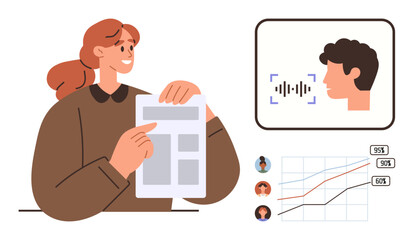 Woman holding and explaining report next to facial recognition display and data graph showing trends. Ideal for analytics, AI, research, presentations, innovation, teamwork, technology. Simple flat