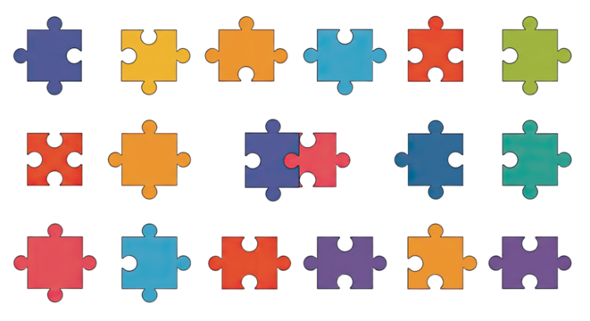 Colorful puzzle pieces isolated on white background, assorted jigsaw shapes in various colors, educational game components perfect for learning and creativity