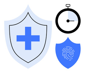 Obraz premium Shield with cross signifying healthcare safety, stopwatch for time management, shield with fingerprint symbolizing biometric protection. Ideal for security, health, technology, identity, insurance