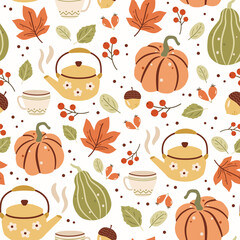 Autumn seamless pattern background with fall leaves, pumpkin, squash, acorn, teapot and mug.