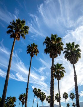 Tall palm trees against a bright blue sky with wispy white clouds