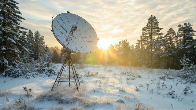Satellite dish stands in a snowy forest as the sun rises through the trees on a cold winter morning