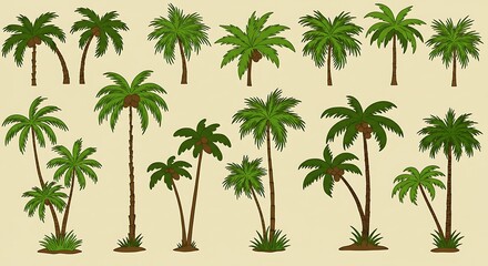 Collection of Diverse Palm Trees in Various Styles and Sizes.