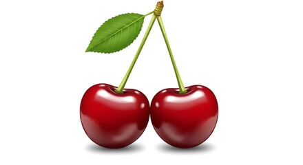 A vibrant pair of ripe red cherries with a single green leaf isolated on a clean white background.