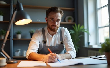 Portrait of lovely caucasian man, preparing his desk for work in the morning. High quality