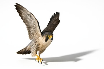 Fototapeta premium Falcon full body side profile at takeoff with wings in powerful downstroke on white