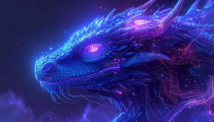 A majestic celestial dragon composed of glowing blue and purple digital energy against a cosmic background.