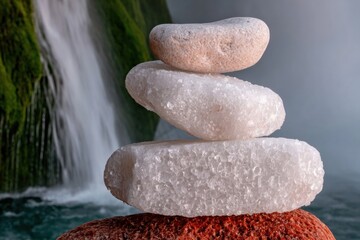 Premium Authentic Zen Stack of Smooth River Stones with Calming Waterfall Background in Glacier Mint and Iceberg Blue for Modern Wellness Marketing