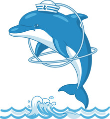 Obraz premium Blue cartoon dolphin in sailor hat jumping through hoops over ocean waves character