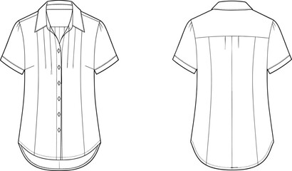 Short sleeve blouse, button-up front, fashion flat sketch, technical drawing, garment design, collar detail, sewing template, apparel illustration, back yoke