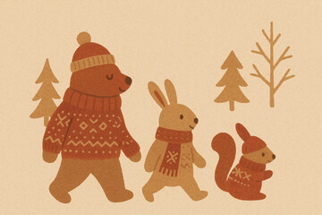 セーターやマフラーや帽子を身につけた冬の森の動物たち