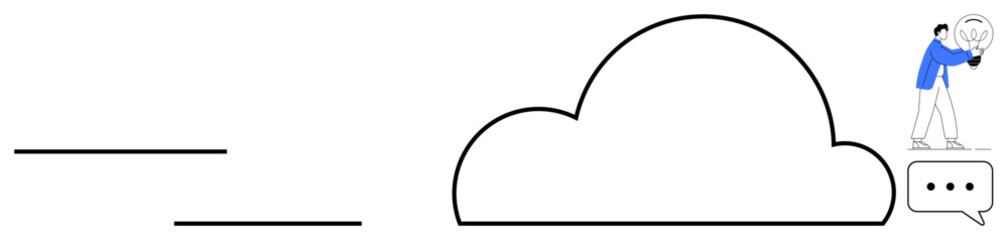 Man holding a glowing lightbulb concept near a large cloud outline and a text chat bubble. Ideal for team collaboration, technology, innovation, communication, ideas exchange, cloud computing