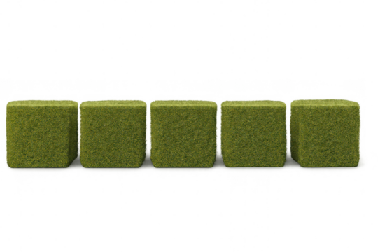 Green cubed topiary plants arranged in a row, creating a minimalist landscaping design on transparent background