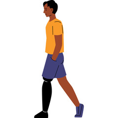 Man With Prosthetic Leg Walking Confidently With Hands In Pockets Wearing Orange T Shirt And Blue Shorts With Blue Shoes Against White Background Studio Shot