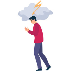Man With Storm Cloud Over Head Symbolizing Stress And Anger With Lightning Bolt Approaching From Above Against A White Background