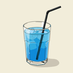 Clear Glass of Refreshing Iced Drink with Black Straw on Bright Light Background