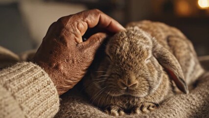 Gentle hand tenderly caressing a fluffy, sleepy domestic rabbit, creating a heartwarming scene of comfort and animal companionship