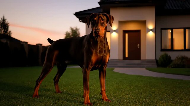 Doberman pinscher dog standing in front of a house exterior at dusk