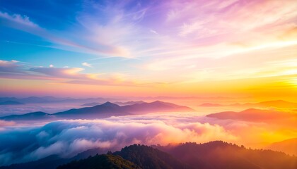 Mountain foggy sunrise landscape with vibrant colorful sky