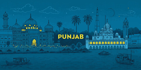 Punjab Skyline Sketch with Heritage Landmarks like Golden Temple, Qila Mubarak, and Patiala Fort &ndash; Tourism Art for Print, Wall Decor, and Souvenirs