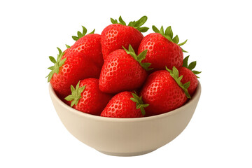 Fresh ripe strawberries filling white bowl, transparent background