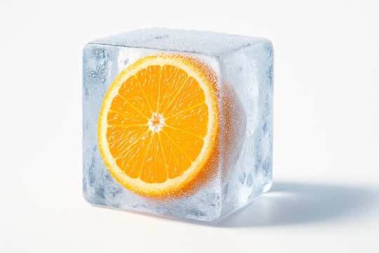 Half orange sealed in a clear ice cube with frost crystals and fine condensation beads