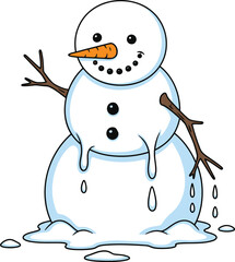 Melting cartoon snowman with carrot nose and stick arms on white background winter