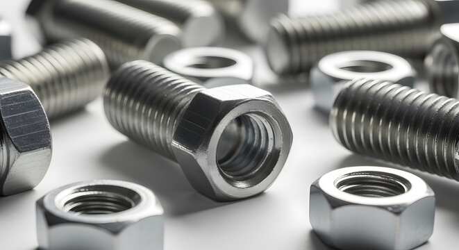 Close-up of shiny metal bolts and nuts on a white surface, macro shot