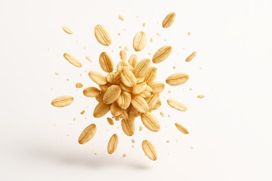 Levitating oat flakes bursting outward from a central cluster with tiny crumbs