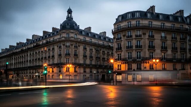 Nighttime cityscape of Paris with illuminated buildings and wet streets