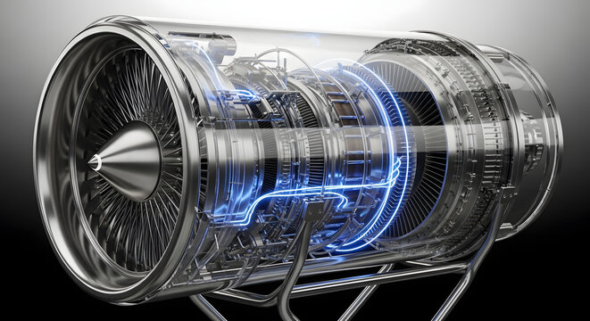 Detailed Cross Section of a Jet Engine with Blue Lighting, 3D Rendered