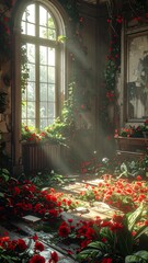 Sunlight streams into a room filled with flowers and greenery