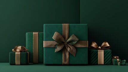 A group of green and gold gift boxes on a green background
