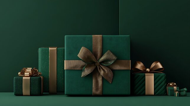 A group of green and gold gift boxes on a green background