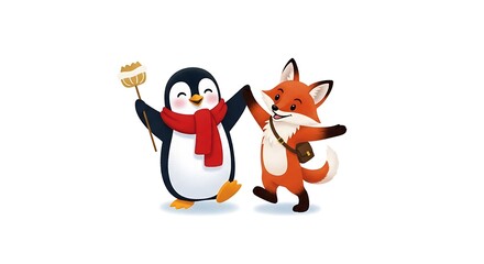 Obraz premium A cartoon penguin with scarf and fox with bag dancing together on a white background illustration
