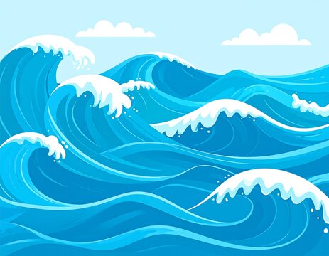 Cartoon depiction of ocean waves cresting and rolling under a blue sky