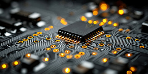 Fototapeta premium Close up view of shiny microcircuit board illuminated by soft light in dark environment