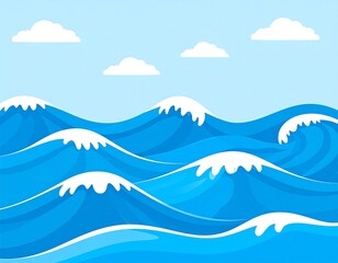 Cartoon depiction of ocean waves cresting under a clear, blue sky