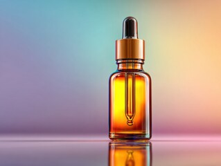 Naklejka premium Amber essential oil dropper bottle on reflective surfacethemed image