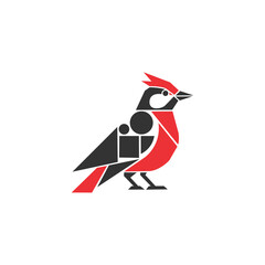 Geometric illustration of a stylized cardinal bird with red and black shapes.