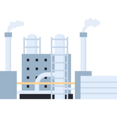 Modern Factory Building with Tall Chimneys Emitting White Smoke Against a Clean White Background Representing Industrial Production and Manufacturing Processes