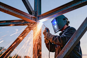 Silhouetted construction worker or welder wearing a protective mask, generating bright sparks while welding a joint on a heavy steel beam structure against a dusky evening sky