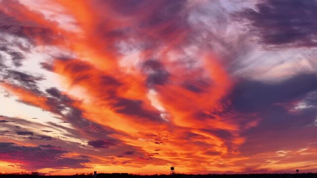 Vibrant orange pink and purple sunset captured in Branson Missouri, with distant water towers visible.