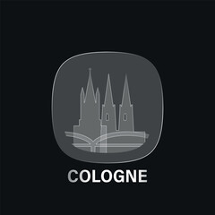 Cologne, Germany: icon and logo prototype with glass liquid effect. Flat emblem with shapes of landmarks. Concept for mobile app, sticker, web element