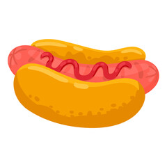 Delicious Hot Dog with Red Ketchup Drizzle on a Golden Bun a Simple Food Illustration Isolated on White
