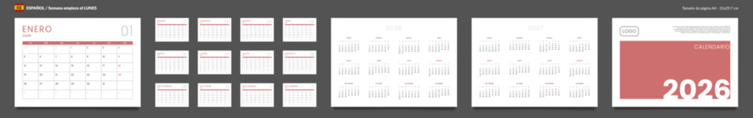 2026 Spanish language Calendar Planner Set of Template Monthly Page, Cover with Place for Photo, Company Logo, Annual 2026-2027. Vector layout wall or desk calendar with week start Monday. Pages A4